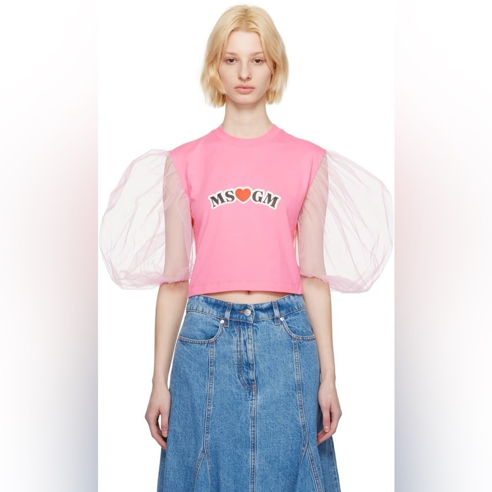 🎀 NEW SSENSE MSGM ITALY cotton Pink Balloon Sleeves T-Shirt SSENSE small